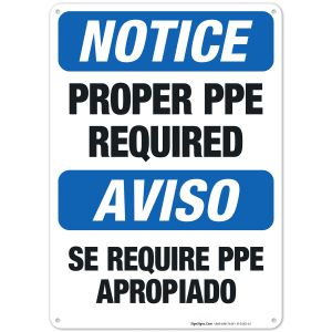 Bilingual Proper PPE Required Sign, OSHA Sign