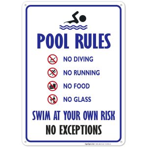Pool Rules Sign, No Diving No Running No Food No Glass