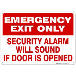 Emergency Exit Only Sign, Security Alarm Will Sound If Door Opened Sign